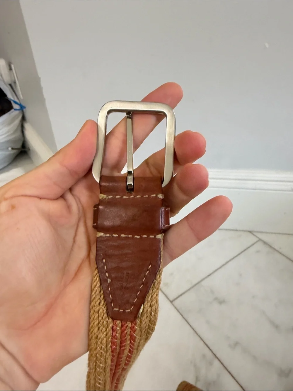 Martin Dingman Stripes Woven Natural Fiber and Leather 39” men’s belt